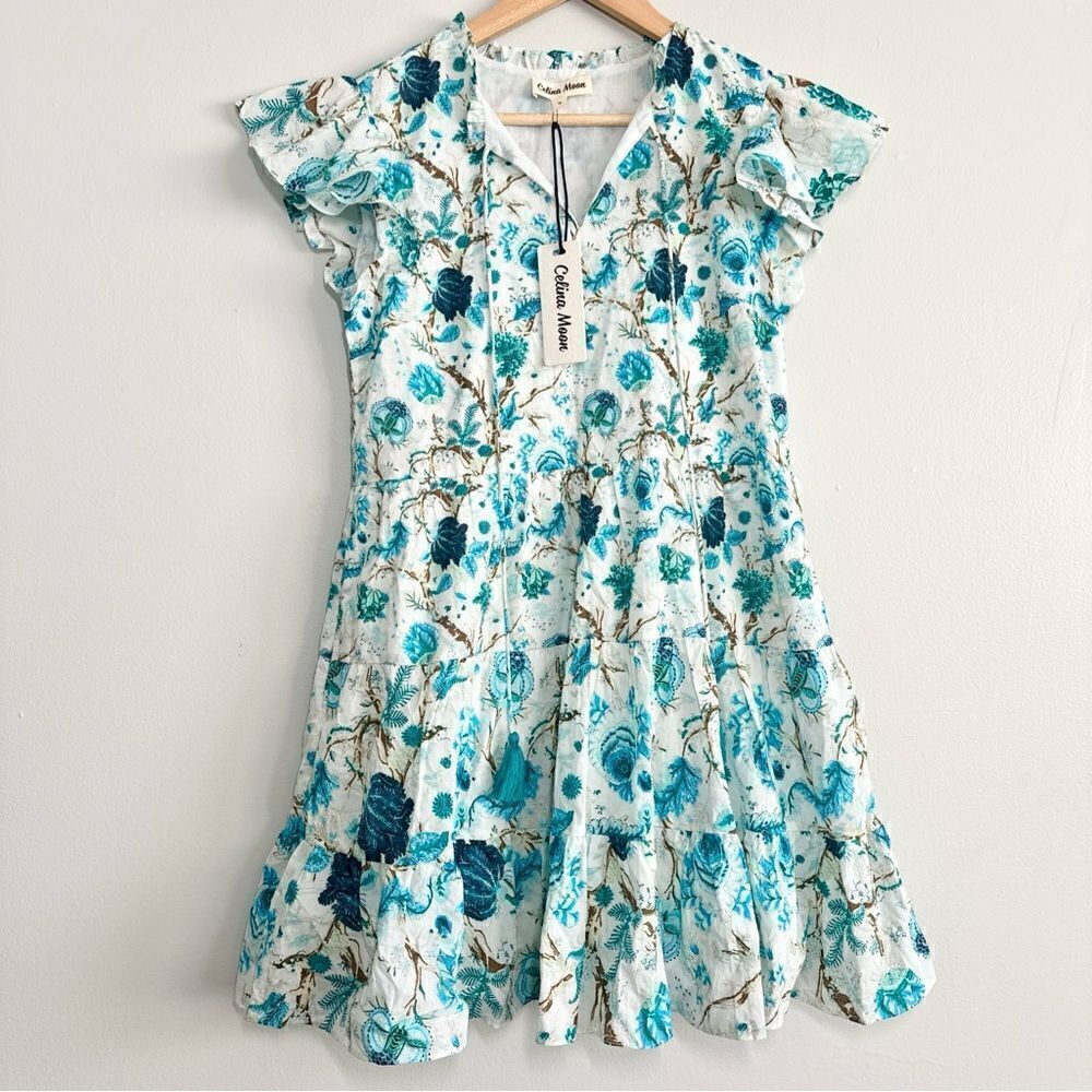 Celina Moon Flutter Sleeve Dress Blue Floral Size M New With Tags Retail: $230